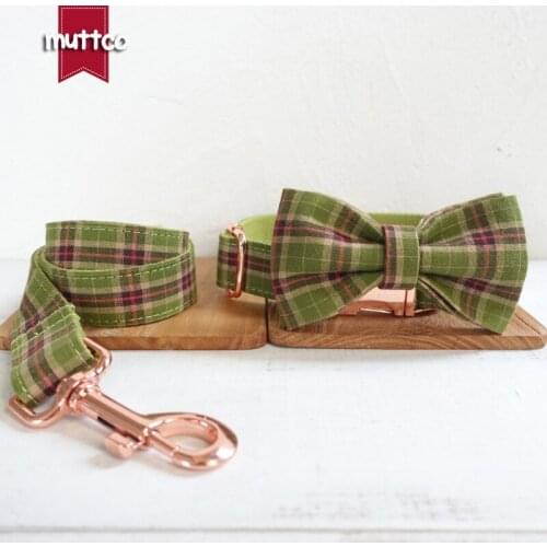 MUTTCO retailing self-design green personalized dog collar THE GREEN PLAID 5 sizes dog collar and leash with bow tie UDC041M