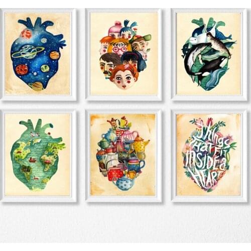 Canvas Poster Modern Home Decoration Nordic Watercolor Heart Animal Vintage Print Painting Wall Art Modular Picture Living Room