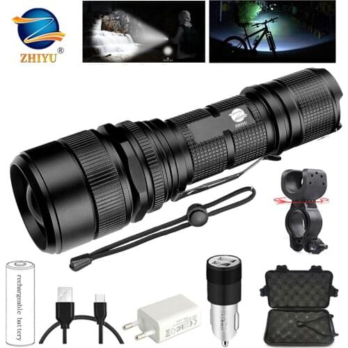 ZHIYU High Power Rechargeable LED Flashlight XHP70 Tactical LED Torch with 26650 Battery LED Lantern for Camping Riding Hiking