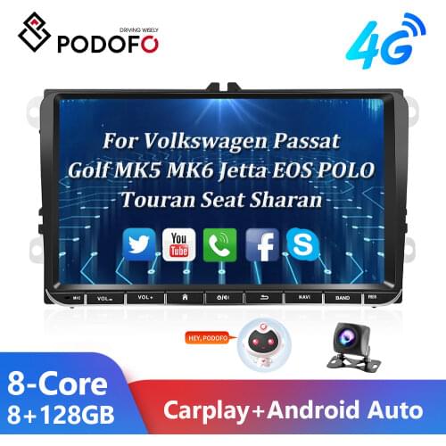 Podofo 2Din Android 10.0 Car Radio 9'' GPS With Carplay For Volkswagen Passat Golf MK5 MK6 Jetta EOS POLO Touran Seat Sharan