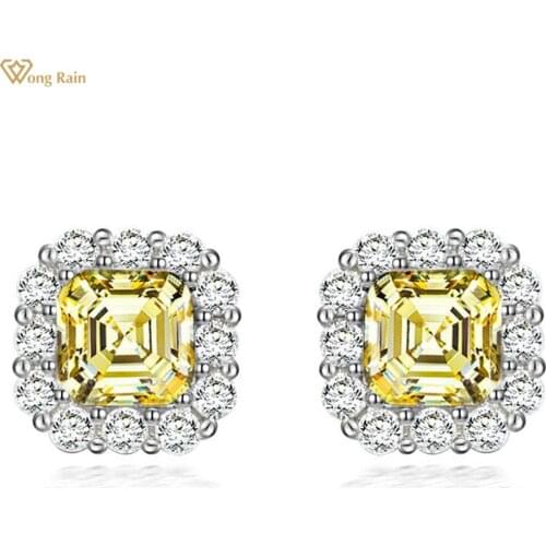 Wong Rain 925 Sterling Silver Asscher Cut Sapphire Citrine Created Moissanite Gemstone Engagement Studs Earrings Fine Jewelry