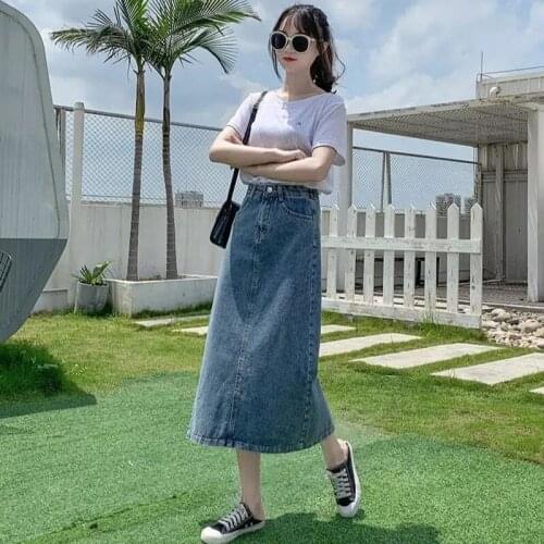 Spring and Autumn Womens Skirts Mid-length 2021 New High-waist Denim Skirt Split Ends Womens Skirts and Hip Skirts