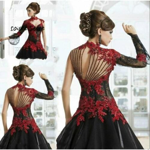 Vintage Black And Red Evening Dress Victorian Gothic Masquerade Halloween Prom Dresses Long Sleeve Beaded Lace Formal Dress 2019
