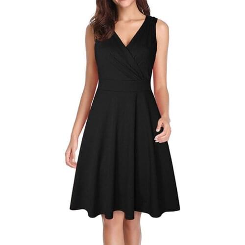 Party Dress Vintage Loose Hem Mini V Neck Sleeveless Solid Color Dress for Dating Party Office Midi Dresses