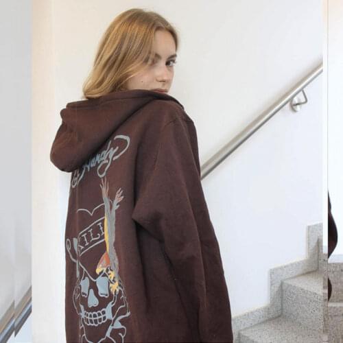 Vintage sweatshirt women streetwear grunge graphic print y2k brown long-sleeved hoodie Harajuku Oversized outerwear clothes top