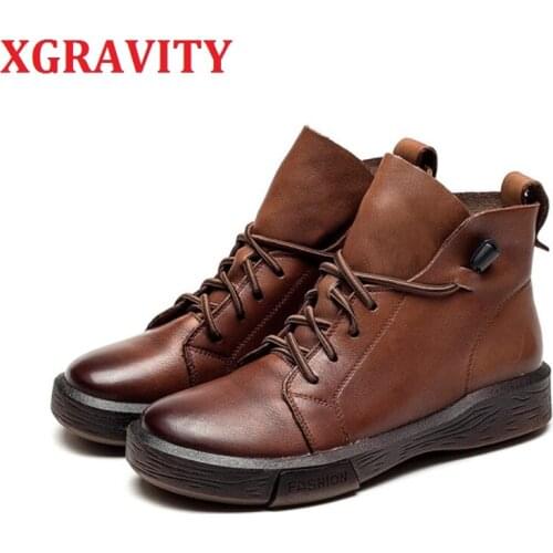 XGRAVITY S131 2020 Autumn Winter Coffee Color Women Boots Leisure Hand-made Ladies Flat Shoes Casual Short Boots Ankle Boots