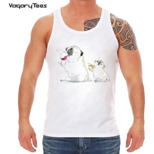 Funny Cute Pug Drinking Wine Cartoon Print Tank top men White Tops Soft Parody men Clothing
