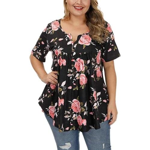 Large Size 5XL Summer Woman T-shirt Short Sleeve Button Floral Printed Tshirts Tops Female Plus Size Loose Casual Women Clothing
