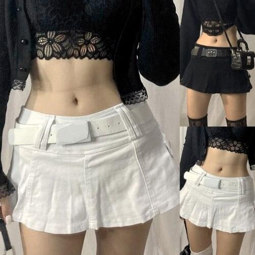 MXMA Women Gothic Sexy Low Waist Pleated Micro Denim Skirt Harajuku Solid Color A-Line Flare Hem Slim Streetwear with Pockets