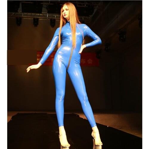 XXL Plus Size Wetlook 3 Zipper Open Crotch Long Sleeve Bodysuit Shiny PVC Leather Rompers Womens Jumpsuit Set Overalls One Piece