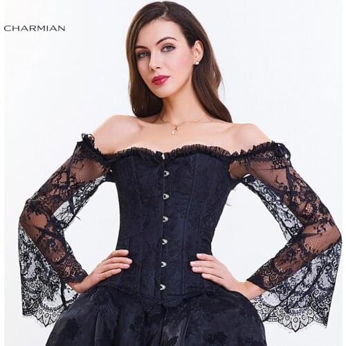 Charmian Womens Retro Gothic Corset Plus Size Sexy Black Lace Off Shoulder Overbust Corsets and Bustiers Waist Trainer