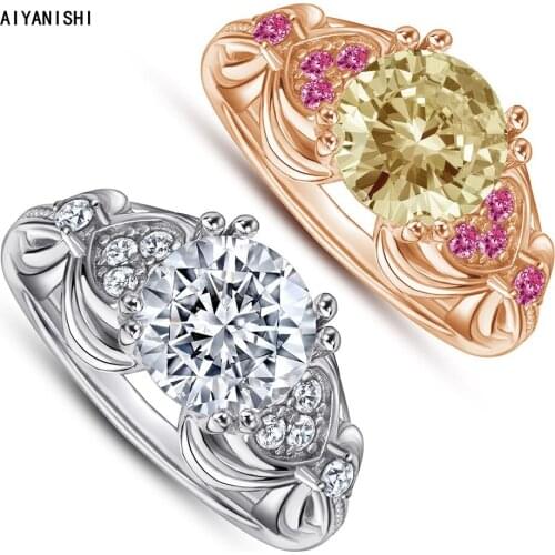 AIYANISHI Trendy 925 Silver Jewelry Ring Round White/Yellow Pink Zircon Gemstone Finger Rings for Women Girl Wedding Engagement