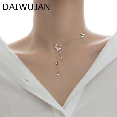 DAIWUJAN Korean 925 Sterling Silver Zircon Moon Choker Necklace For Women Star Tassel Pendant Chain Necklaces Adjustable Jewelry