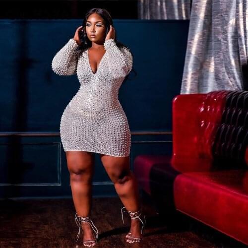 CM.YAYA Women Plus Size Dress Solid Cleavage Sexy Night Club Party Vestidos Stretchy Skinny Fashion Mini Dresses Autumn Outfits