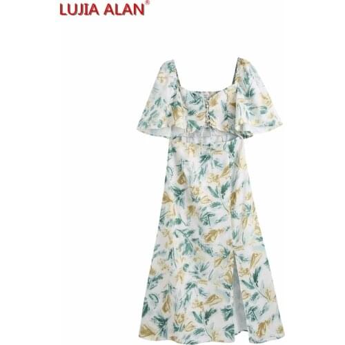 Summer Women Digital Printing Square Collar Lace Up Midi Dress Female Flare Sleeve Clothes Casual Lady Loose Vestido D7850