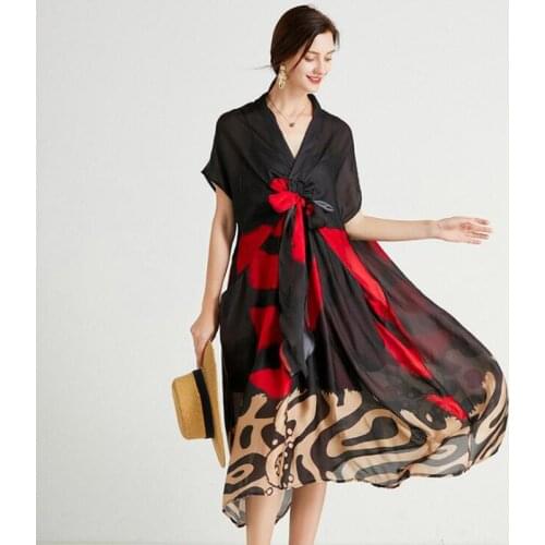 Summer New Womens Elegant Two-Piece Dress Temperamental Irregular Dress Fashion Chiffon Plus Size Short Sleeve Print Dresses