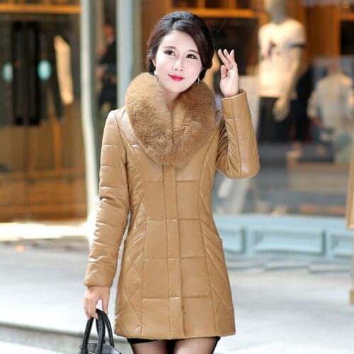 Winter Thick Warm Parkas New Women Fashion Black PU Leather Coats Ladies Elegant Fur Collar Zipper Camel-Padded Jackets Female