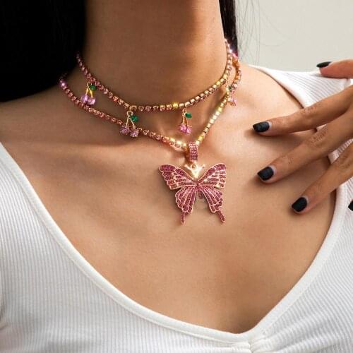 Gold Chain Crystal Butterfly Pendant Necklace For Women Men Shiny Rhinestone Statement Collars Beach Jewelry Gift Collier