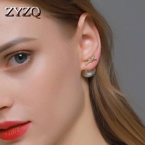 ZYZQ ins Korean Temperament Imitation Pearl Stud Earrings For Women Personality Two-wear Type Knotted Cross Earrings Jewelry
