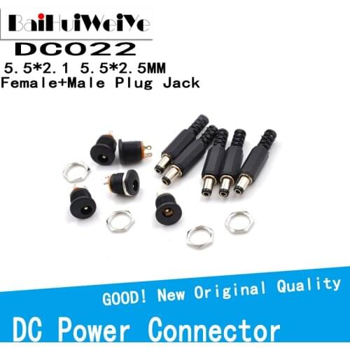 10PCS/LOT 12V 3A 5.5*2.1 5.5*2.5 Plastic Male Plugs DC022 DC Power Socket Female Jack Screw Nut Panel Mount Connector DC005