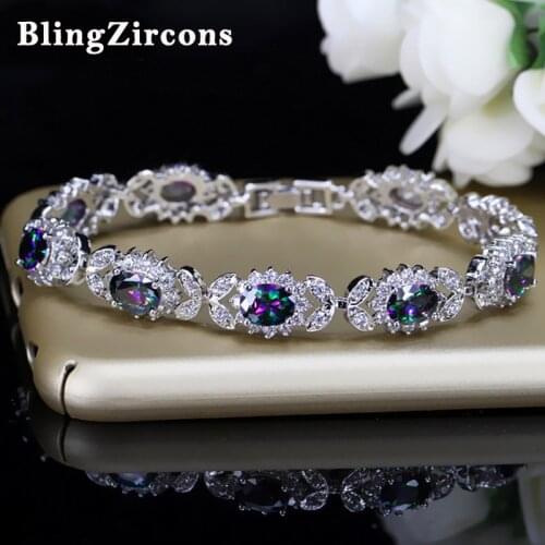 BeaQueen Brand New Cubic Zirconia Colorful CZ Crystal Dark Rainbow Flower Silver Plated Bracelet for Women Fashion Jewelry B012