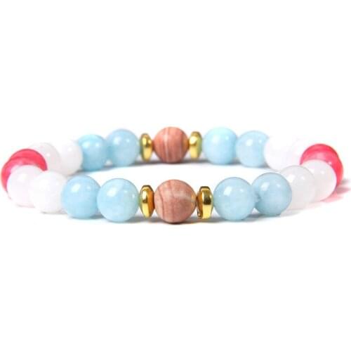 Handmade 8mm Natural Aquamarines Beads Crytsal Bracelet Ladies Red Rhodochrosite Beaded Charm Bracelet Jewelry for Women Gifts
