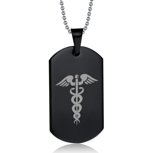 Customized Engraving Name Black ID Tag Charm Pendant Medical Caduceus Symbol Stainless Steel Necklace