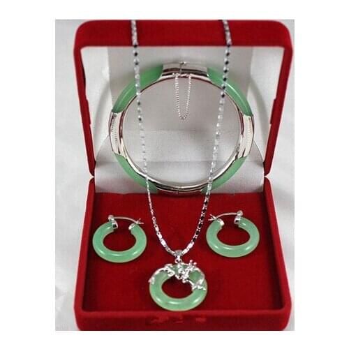 Jewelry Set Silver hookgenuine Natural green jade dragon pendant earrings bracelet set AAA style
