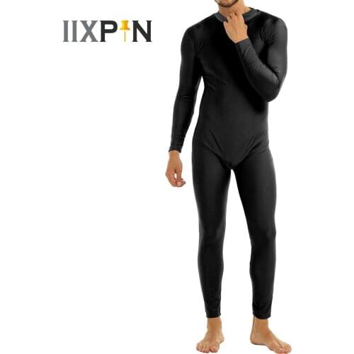 Mens Full Body Spandex Zentai Suit Black Long Sleeve Unitard Adult Zipper Back Footless Ballet Dancewear Bodysuit Costumes