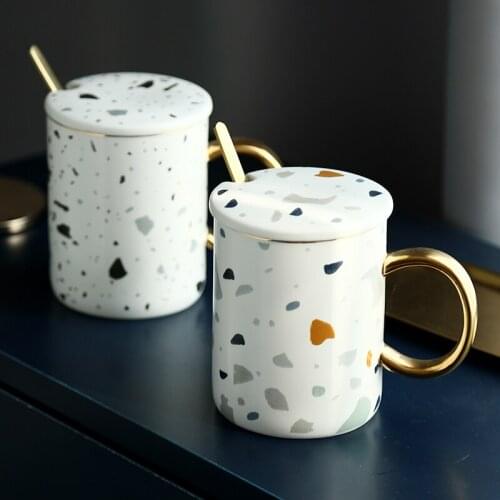 Creative 350ml Frosted Ceramic Coffee Mug with Lid Spoon Breakfast Milk Cup Cute Spotted Mug Modern Home Decoration Wedding Gift