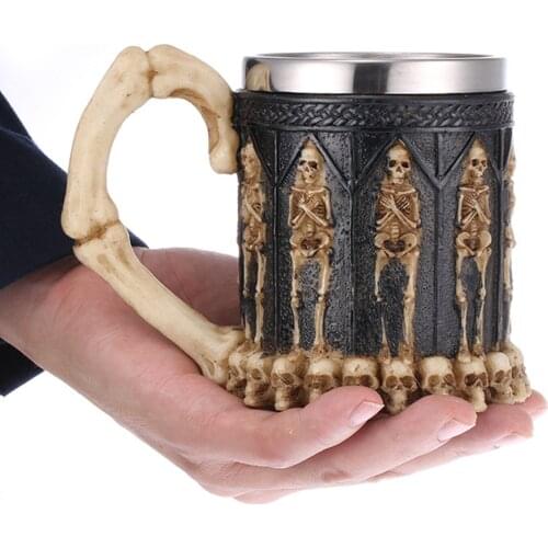 Halloween Skull Mugs with Stainless Steel Lining Resin Novelty Decorative Drinking Cups