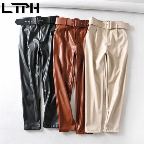 LTPH high quality PU leather pants women high waist all-match casual Thicken Warm with sashes trousers 2021 Spring Autumn New