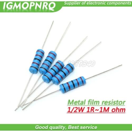 50pcs 1/2W Metal film resistor 5 color ring 1% 1R - 1M 1R 22R 47R 100R 220R 470R 1K 10K 22K 100K 220K 10 22 47 100 220 470 ohm