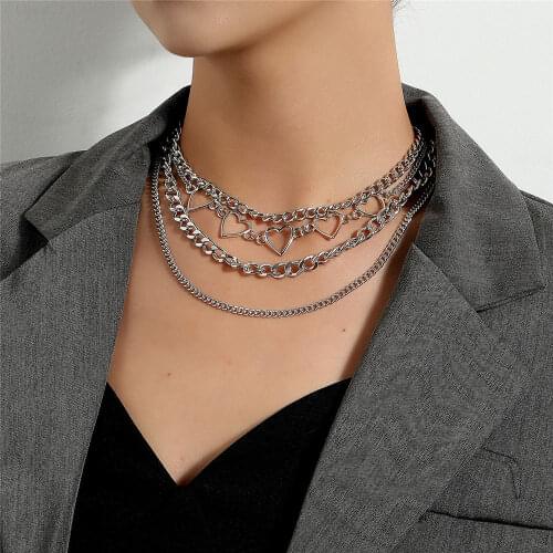 Punk Hollow Heart Multi Layered Necklace 2020 Fashion Thick Chain Necklaces For Women Party Gift Bijoux Statement Jewelry New