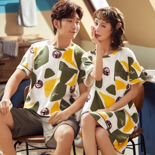 Fashion Print Summer Pyjamas Cotton Couple Pajamas Set Men Loungewear Lover Pyjama femme Womens Sleepwear Home Clothing