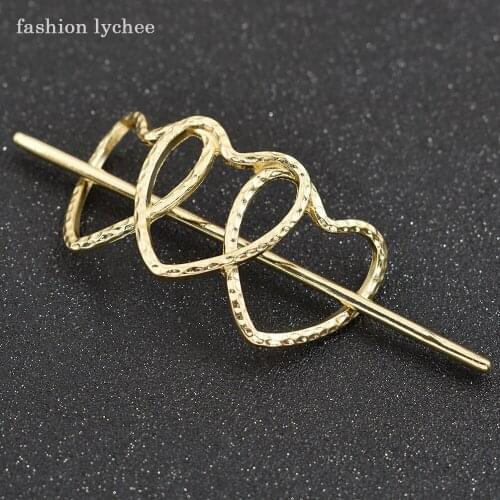 Fashion lychee Silver Gold Color Hollow Metal Love Heart Round Hair Pins Stick For Women Elegant Hair Jewelry Gift