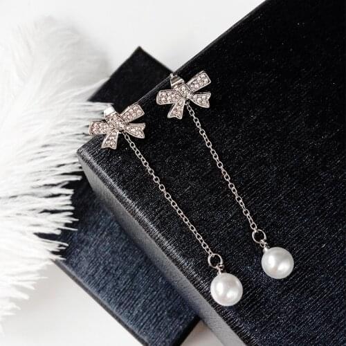 New S925 Silver Needle Bowknot Imitation Pearl Long Personality All-match Earrings Jewelry Lady Temperament Earrings Oorbellen