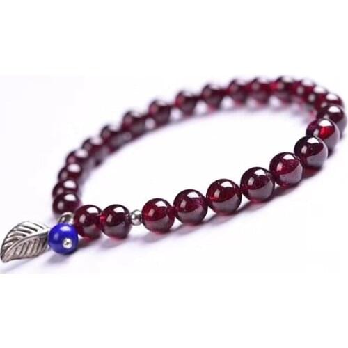 Wholesale Wine Red Natural Garnet Stone Bracelets 6mm Bead With Blue Crystal Bead Leaf Charm Pendant Bracelets for Women Jewelry