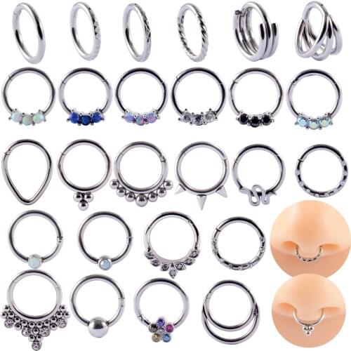 1PC Steel/Titanium Septum Piercing WIth Opal Segment Nose Ring Septum Clicker Cartilage Tragus Clicker Body Piercing Jewelry 16G