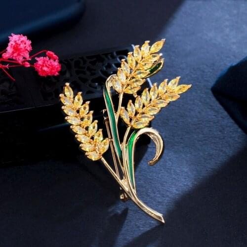ThreeGraces Exquisite Yellow Cubic Zirconia Wheat Ear Brooches Pin for Women 2021 New Trendy Party Clothing Accessories XZ018