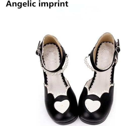 Angelic imprint woman mori girl lolita cosplay shoes lady high heels pumps women princess dress shoes love hearts pearl 33-47