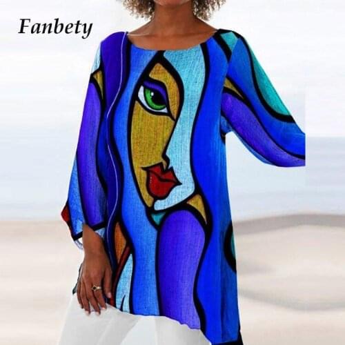 Abstract Vintage Cartoon Print Long Sleeve Tops Spring Autumn Fashion Irregular Tee Shirt Casual Oversized Women O Neck T Shirts