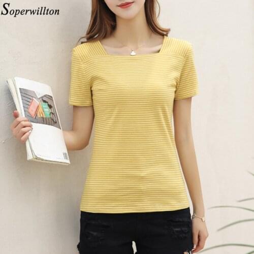 Women Square Collar Tshirt Solid Striped Vintage 2021 Summer Short Sleeve T-shirt Elegant Lady Top Tess Fashion Korean Black T02