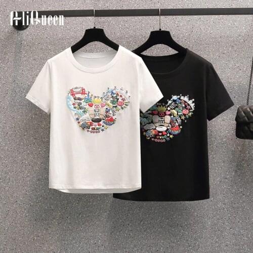 Summer Women White Appliques Cotton Tshirt Summer Cartoons Appliques Female Black Tops Plus Size T Shirt Mujer Tees Streetwear