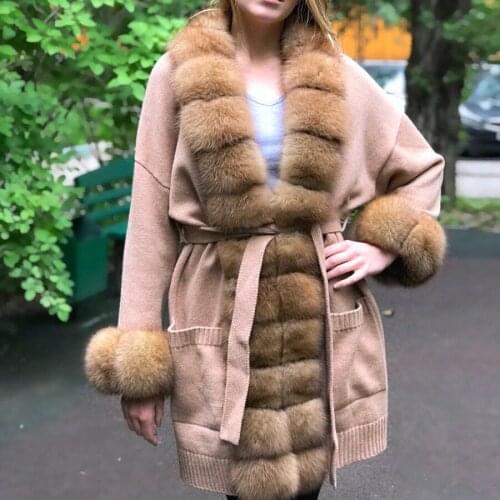Fox Fur Coat Women Real Fur Sweater Cardigan With Fox Fur Collar And Cuffs Mid-Length Overcoat Free Shipping