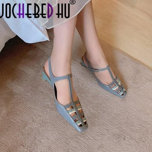 【JOCHEBED HU】New full grain leather weaving style square toe med heels streetwear summer square toe buckle women sandals