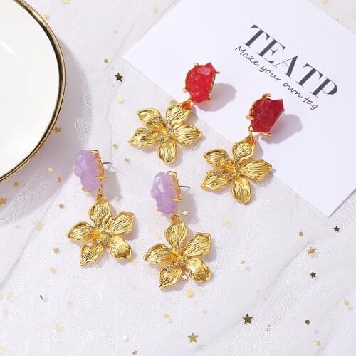 Fashion ZA Statement Gold Metal Flower Earring For Women Trendy Irregular Natural Stone Dangle Earring Party Jewelry Accessories