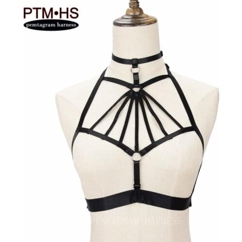 PENTAGRAM HARNESS Womens Body Harness Cage bra Strappy Tops Cage Halter Black Adjust Back size Fetish Erotic Harness Lingerie