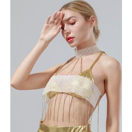 Womens Sexy Pearl Decor Tassel Short Top Fashion Linked Halter Rhinestone Bra Chain Gothic Fashion Festival Jewelry Accessories