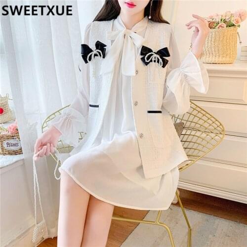 SWEETXUE 2021 Autumn Small Fragrant Bowknot Beaded Vest Tweed Jacket + Chiffon Shirt Dress Two-piece Set Female